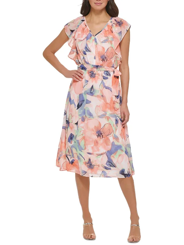 Womens Floral Print V Neck Midi Dress Graceful Movement