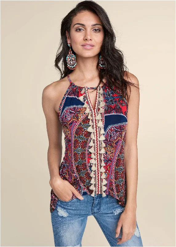 Paisley Print Tassel Top - Red Multi Playful Elegance