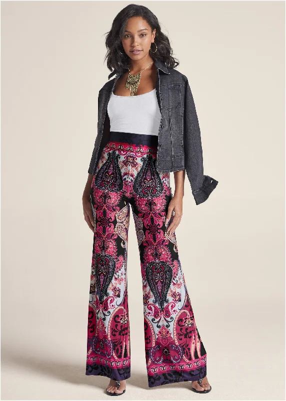 Wide Leg Paisley Print Pant - Pink Multi Pastel Styles