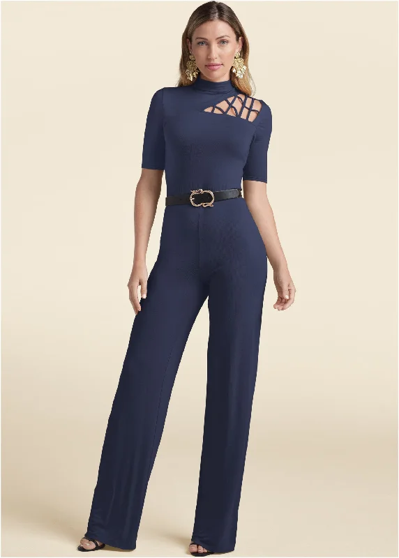 Strappy Mock-Neck Jumpsuit - Navy Special Occasion Wear