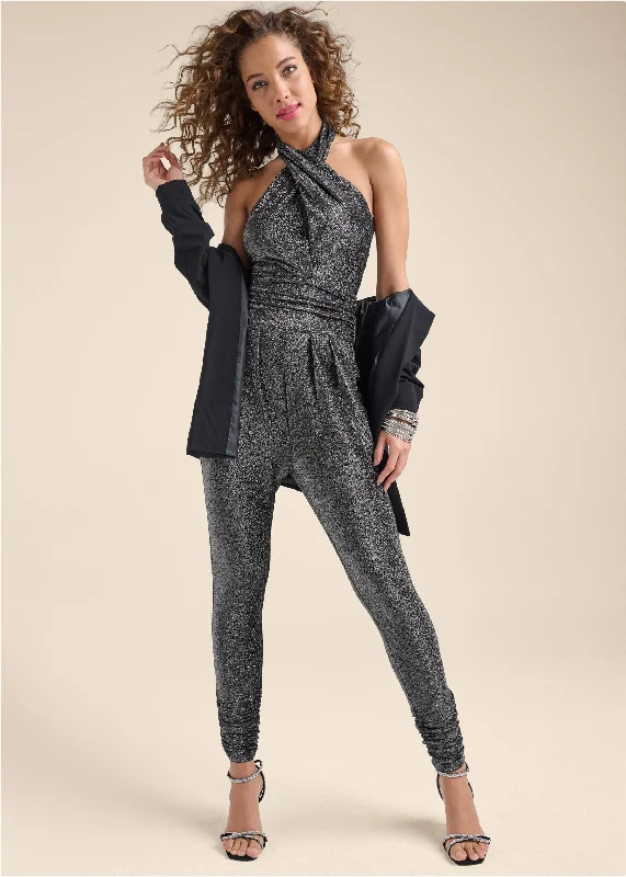 Cross-Neck Sparkle Jumpsuit - Silver Seasonal Style Discounts