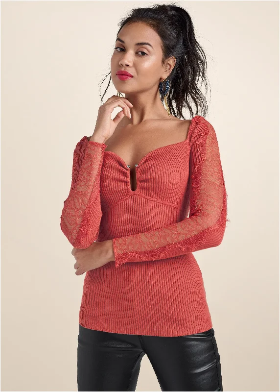 Lace Sleeve Ribbed Sweater - Baked Apple Trending Items