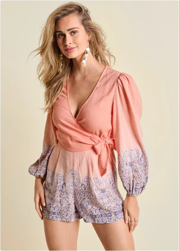 Linen Printed Romper  - Blush Multi Comfort Meets Fashion