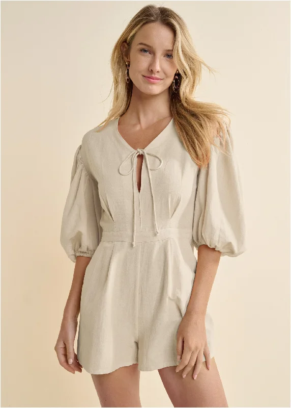 Linen Balloon Sleeve Romper - Natural The Good Stuff