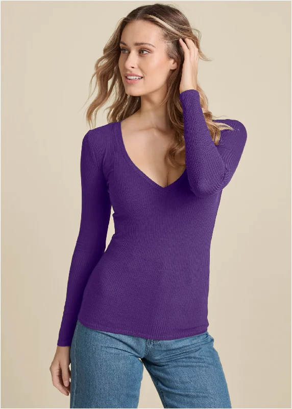 Ribbed Long Sleeve V-Neck - Dark Purple Subtle Sophistication