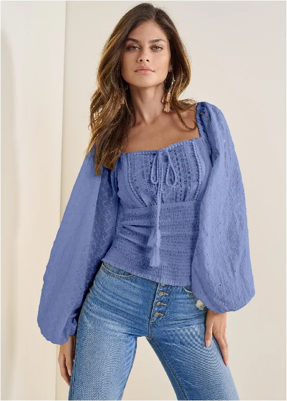 Smocked Eyelet Tassel Top - Light Blue Summer Fashion