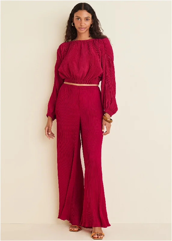 Plisse Wide Leg Pants - Red Grab Romantic Date - Night Styles Now