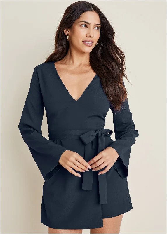 Long-Sleeve Skort Romper - Navy Mid Season Sale