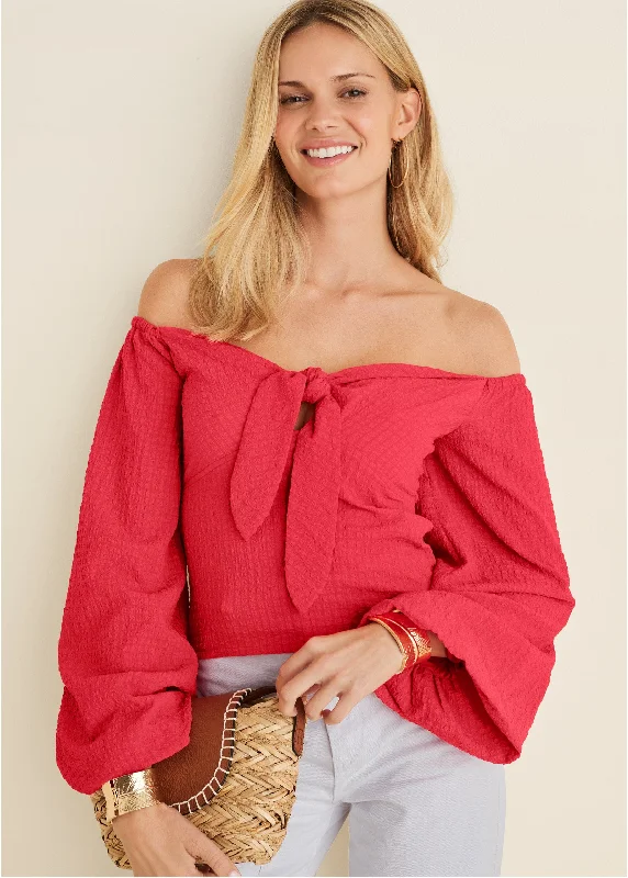 Textured Tie Front Top - Red Chic Style, Always In Vogue