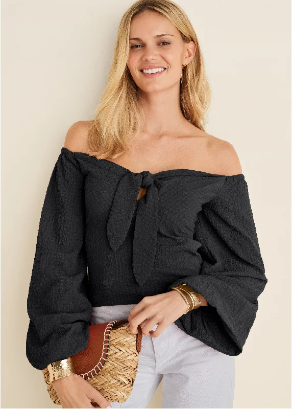 Textured Tie Front Top - Black Wardrobe Upgrade