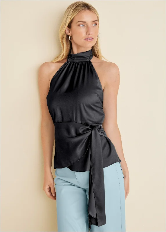 Halter Neck Wrap Blouse - Black Chic Trends Unveiled