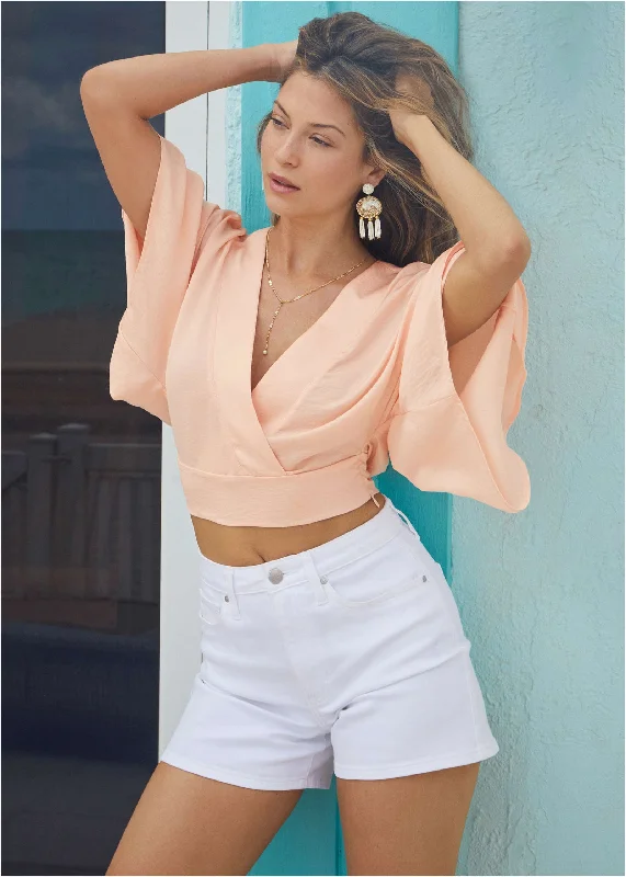 Kimono Sleeve Faux Wrap Top - Blush Buy More, Save More