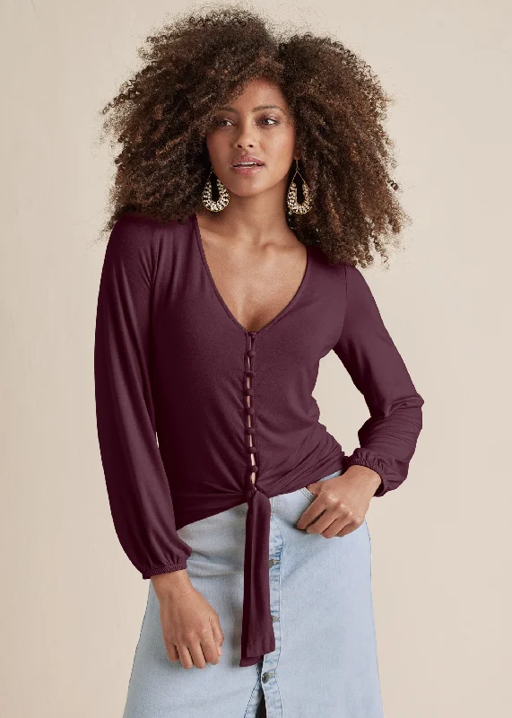 Tie-Front Button-Up Top - Wine Shop Sales