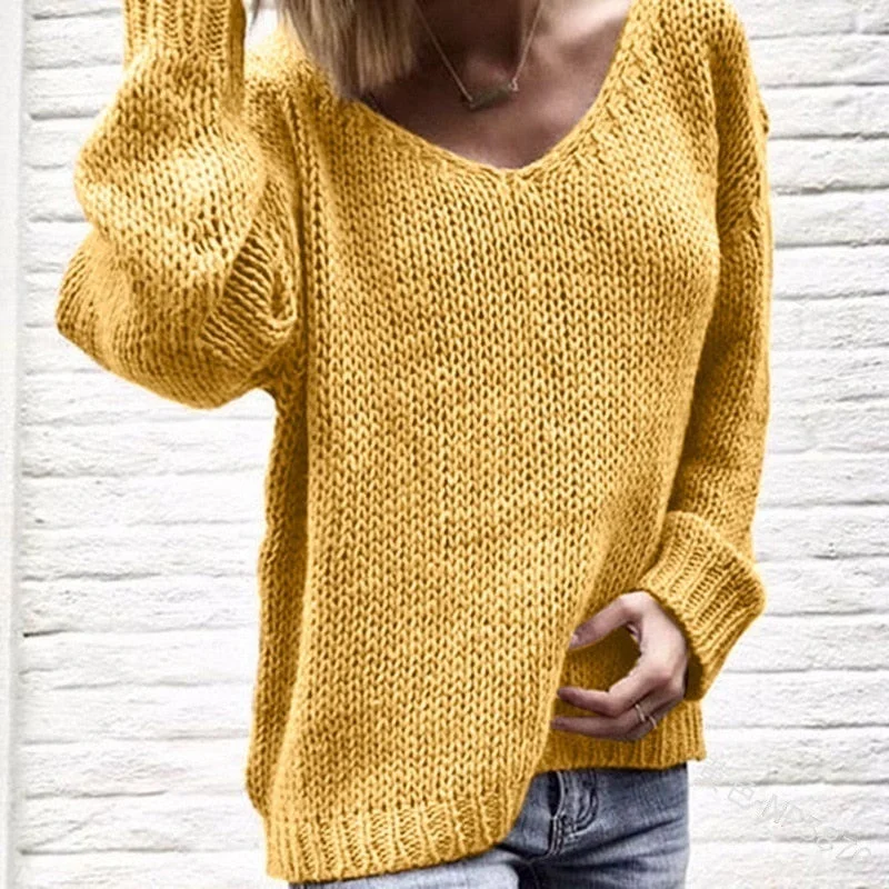 Women Solid V Neck Sweaters Casual Chic