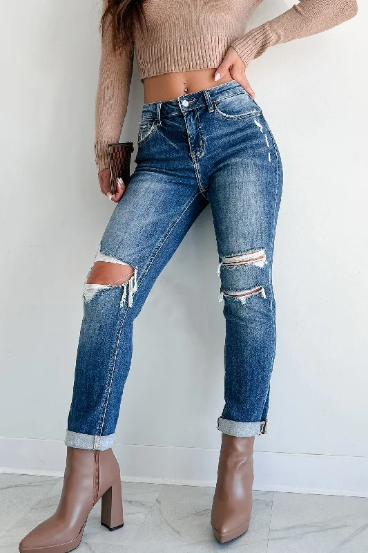 Brent Mid-Rise Distressed Flying Monkey Boyfriend Jeans (Medium) Trendy Women's Wear Collection