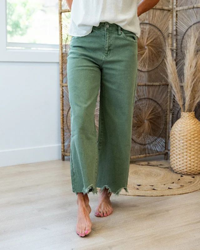 KanCan Shannon Non Distressed Wide Leg Crop Jeans - Olive Holiday Sale