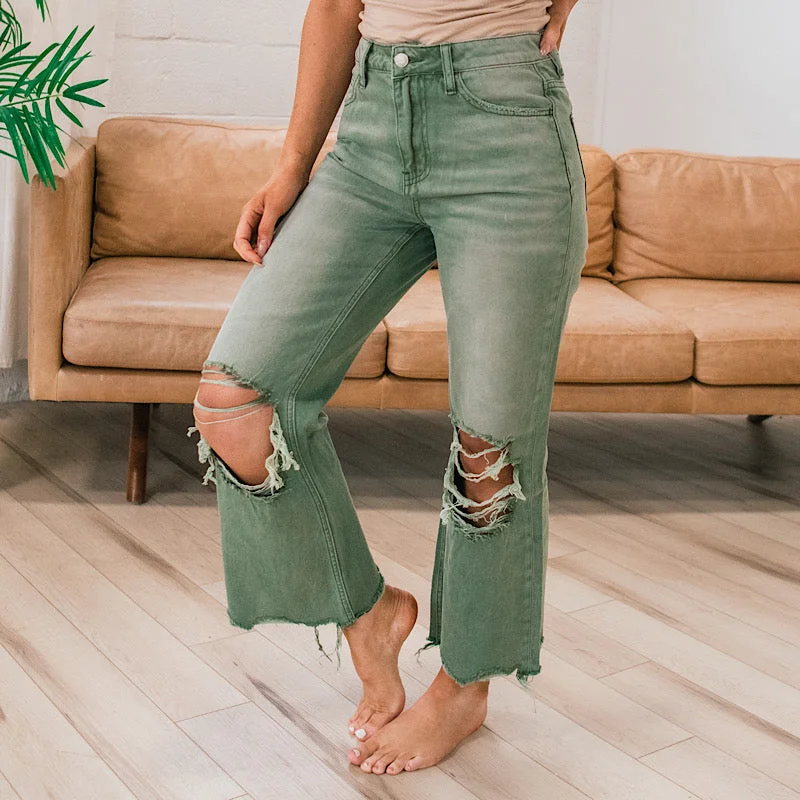 Vervet Army Green 90's Crop Flare Jeans Seasonal Fashion