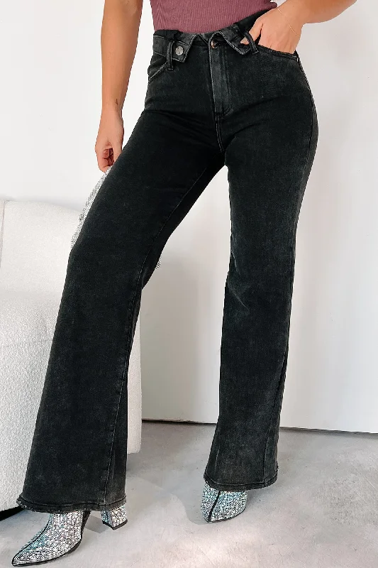 Otto Mid-Rise Folded Waist Risen Wide Leg Jeans (Black) Trend Forward Threads For Her